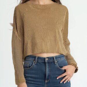 Noisy May Mustard Yellow Striped Cropped Sweater XS Ribbed Knit Boho Pullover🤎